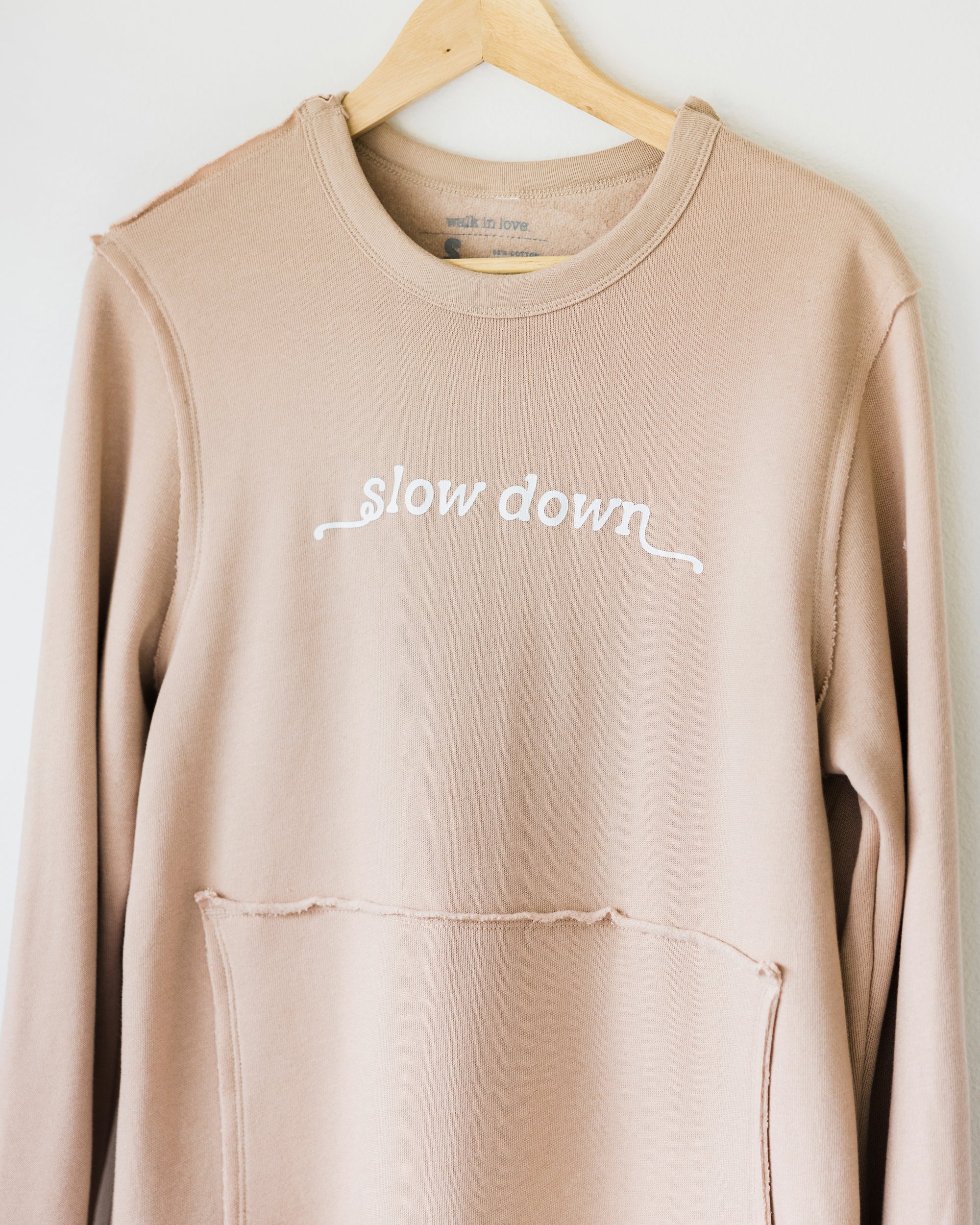 Slow Down Tan Raw Seam Pullover Pocket Sweatshirt